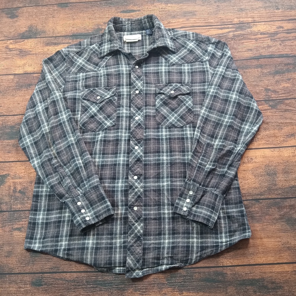 Wrangler‎ Pearl Snap Flannel Long Sleeve Shirt Men's Large Black